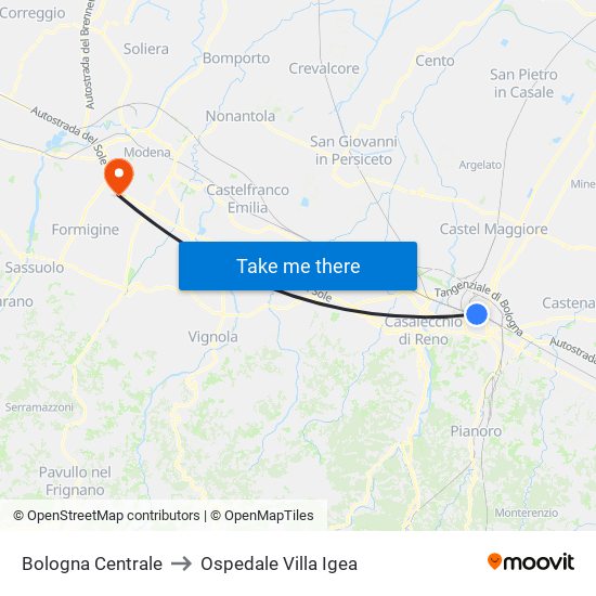 Bologna Centrale to Ospedale Villa Igea map
