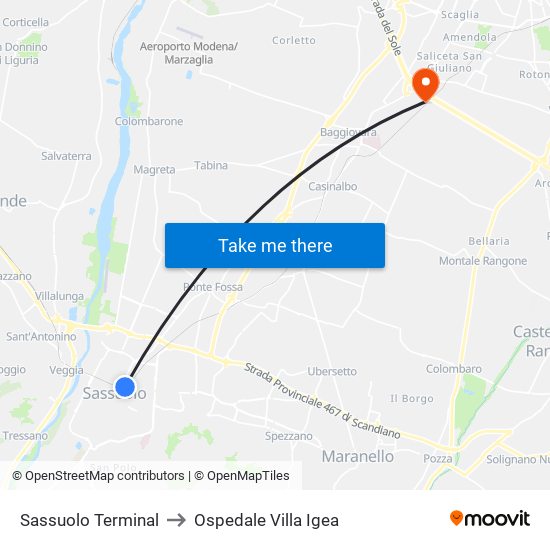 Sassuolo Terminal to Ospedale Villa Igea map