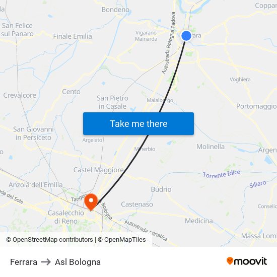 Ferrara to Asl Bologna map