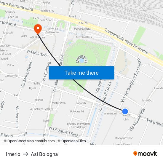 Irnerio to Asl Bologna map