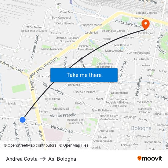 Andrea Costa to Asl Bologna map