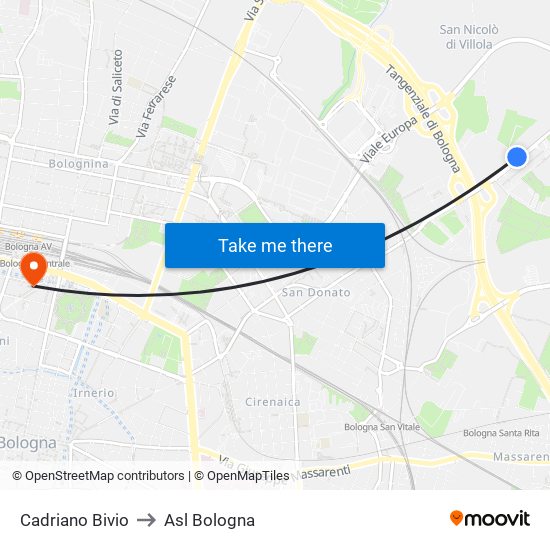 Cadriano Bivio to Asl Bologna map