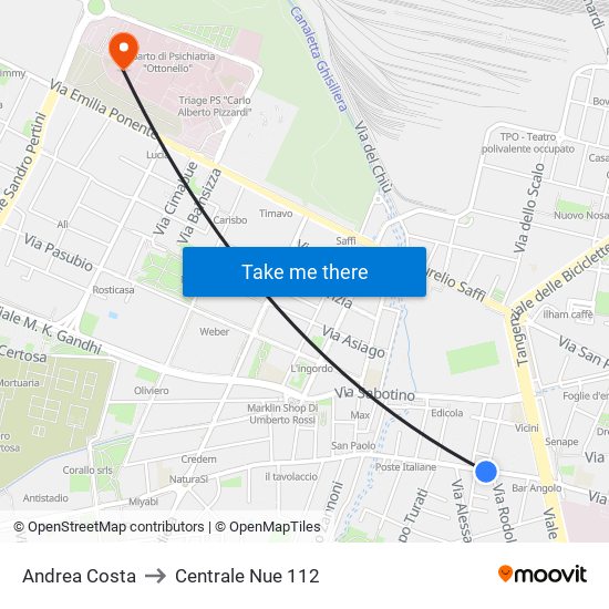 Andrea Costa to Centrale Nue 112 map