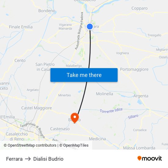 Ferrara to Dialisi Budrio map