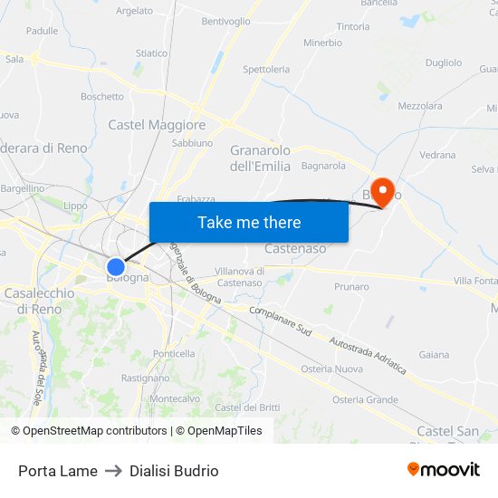Porta Lame to Dialisi Budrio map