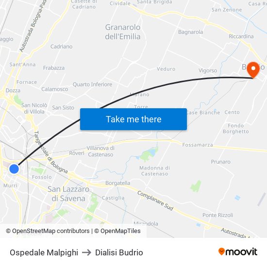 Ospedale Malpighi to Dialisi Budrio map