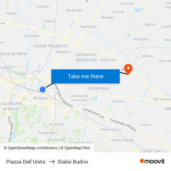 Piazza Dell`Unita` to Dialisi Budrio map