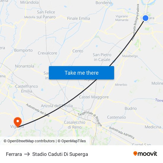 Ferrara to Stadio Caduti Di Superga map