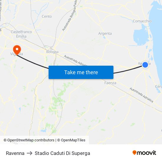 Ravenna to Stadio Caduti Di Superga map