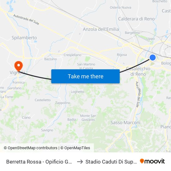 Berretta Rossa - Opificio Golinelli to Stadio Caduti Di Superga map