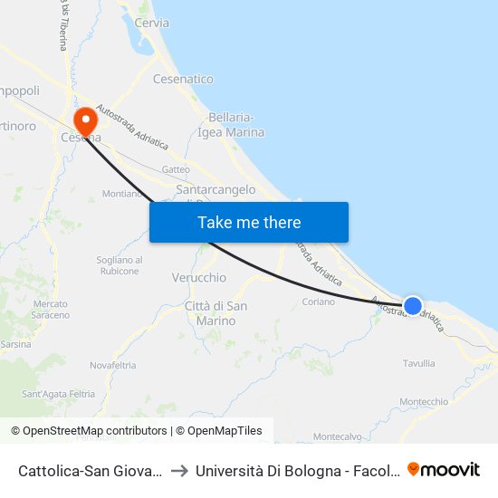 Cattolica-San Giovanni-Gabicce to Università Di Bologna - Facoltà Di Psicologia map