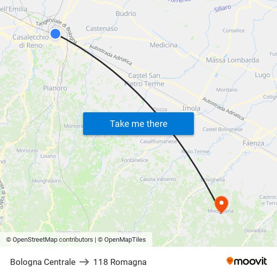 Bologna Centrale to 118 Romagna map
