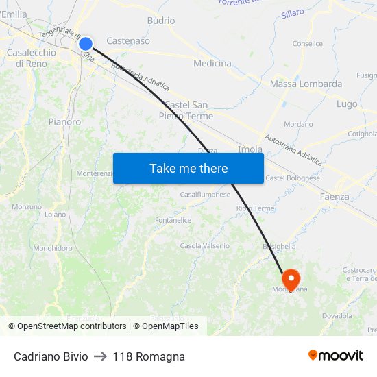 Cadriano Bivio to 118 Romagna map