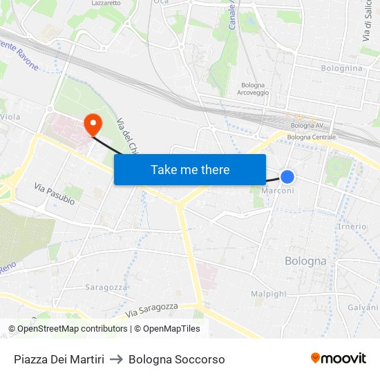 Piazza Dei Martiri to Bologna Soccorso map