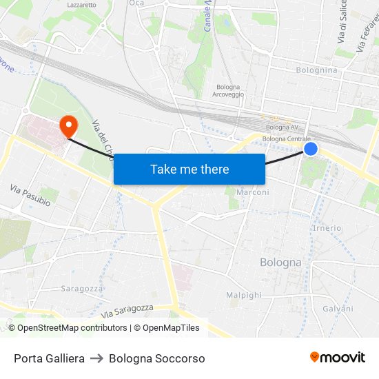 Porta Galliera to Bologna Soccorso map