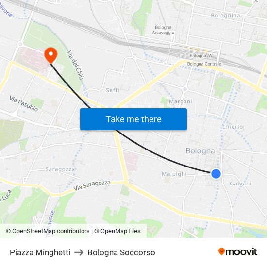 Piazza Minghetti to Bologna Soccorso map