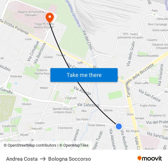 Andrea Costa to Bologna Soccorso map