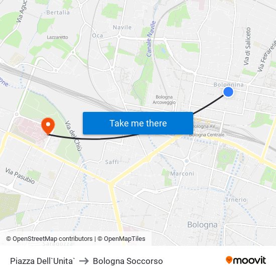 Piazza Dell`Unita` to Bologna Soccorso map