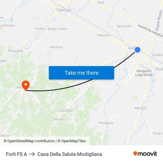 Forli FS A to Casa Della Salute Modigliana map