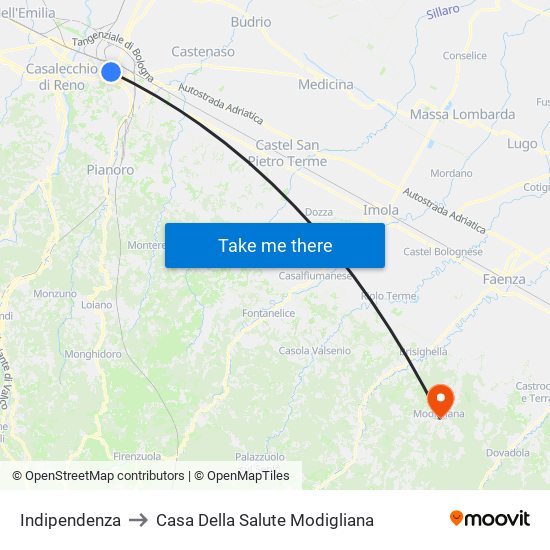 Indipendenza to Casa Della Salute Modigliana map