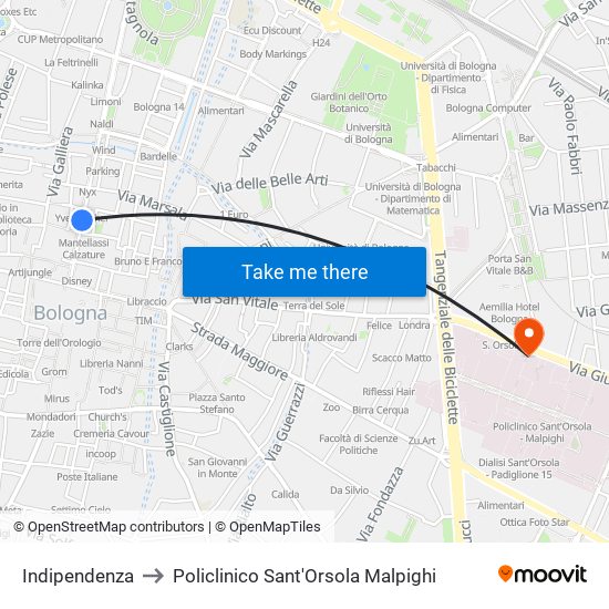 Indipendenza to Policlinico Sant'Orsola Malpighi map