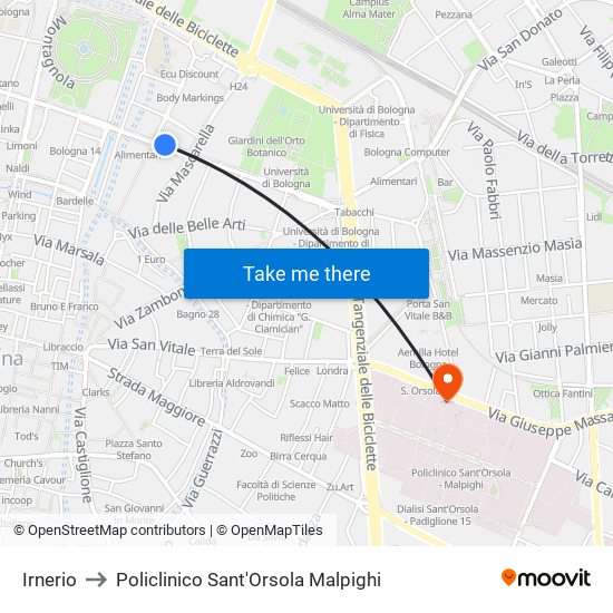 Irnerio to Policlinico Sant'Orsola Malpighi map