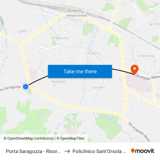 Porta Saragozza - Risorgimento to Policlinico Sant'Orsola Malpighi map