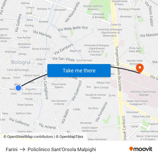Farini to Policlinico Sant'Orsola Malpighi map