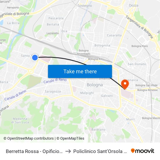Berretta Rossa - Opificio Golinelli to Policlinico Sant'Orsola Malpighi map