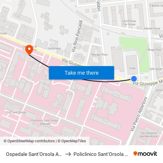 Ospedale Sant'Orsola Albertoni to Policlinico Sant'Orsola Malpighi map