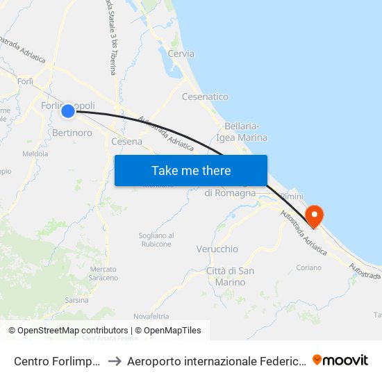 Centro Forlimpopoli to Aeroporto internazionale Federico Fellini map