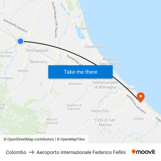 Colombo to Aeroporto internazionale Federico Fellini map