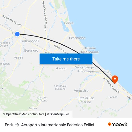 Forlì to Aeroporto internazionale Federico Fellini map