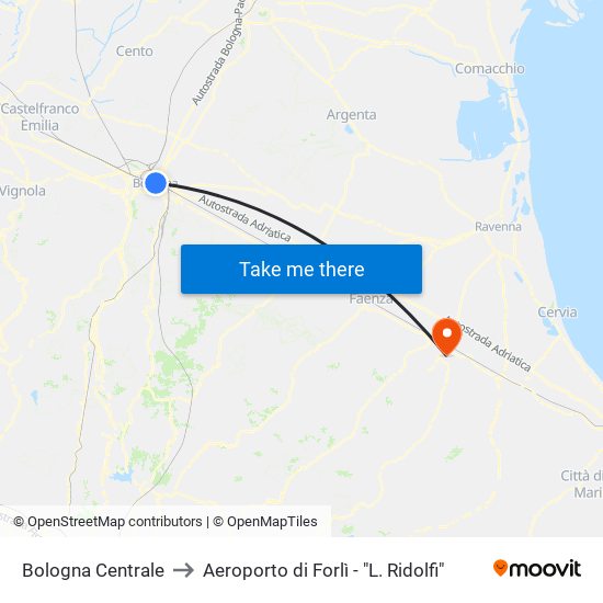 Bologna Centrale to Aeroporto di Forlì - "L. Ridolfi" map