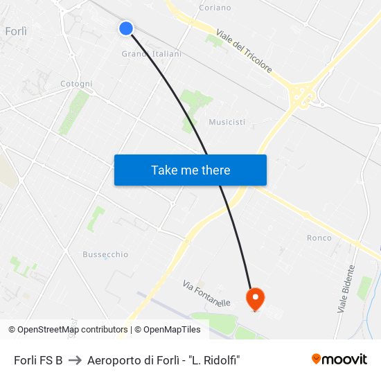 Forli FS B to Aeroporto di Forlì - "L. Ridolfi" map