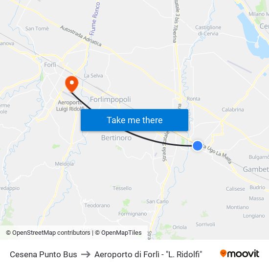 Cesena Punto Bus to Aeroporto di Forlì - "L. Ridolfi" map