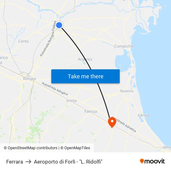 Ferrara to Aeroporto di Forlì - "L. Ridolfi" map