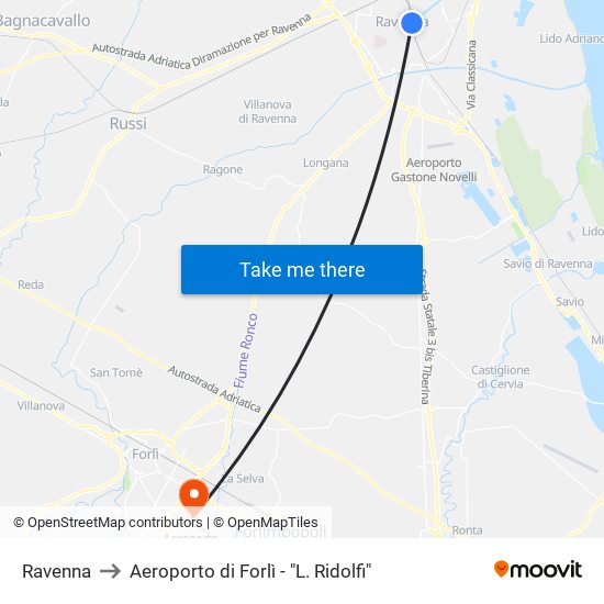 Ravenna to Aeroporto di Forlì - "L. Ridolfi" map