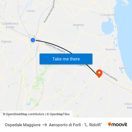 Ospedale Maggiore to Aeroporto di Forlì - "L. Ridolfi" map