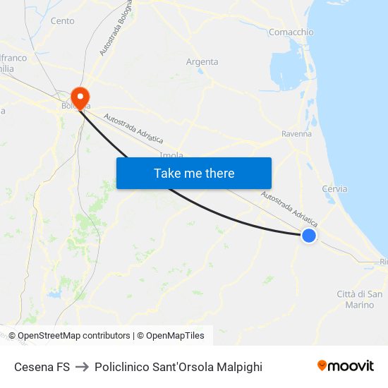 Cesena FS to Policlinico Sant'Orsola Malpighi map