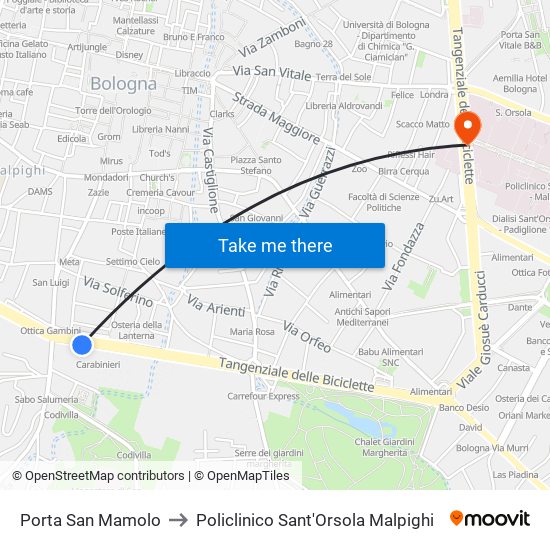 Porta San Mamolo to Policlinico Sant'Orsola Malpighi map