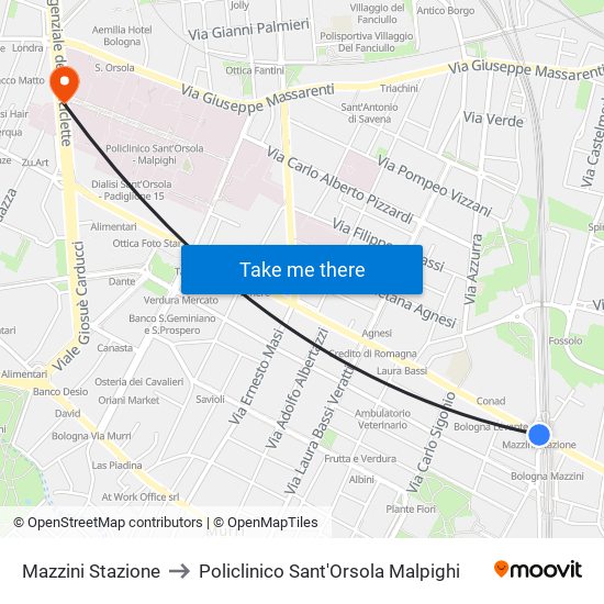 Mazzini Stazione to Policlinico Sant'Orsola Malpighi map