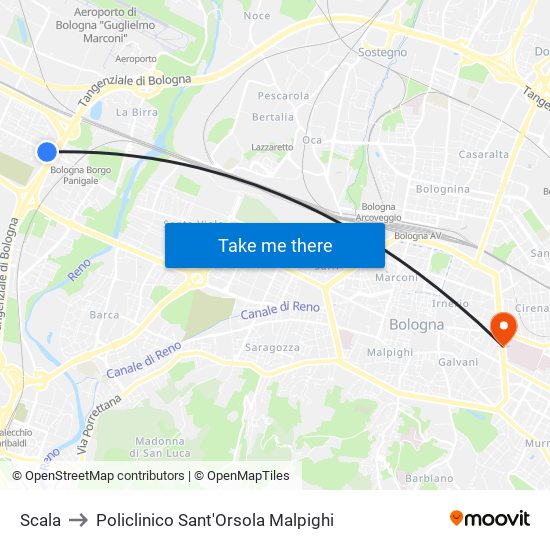 Scala to Policlinico Sant'Orsola Malpighi map