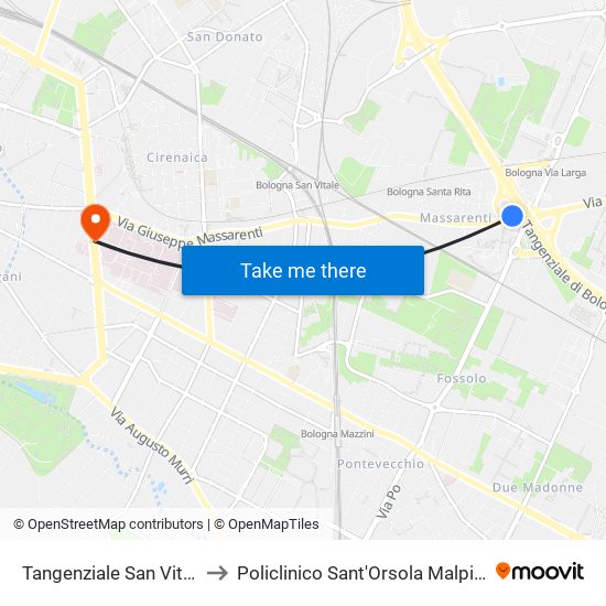 Tangenziale San Vitale to Policlinico Sant'Orsola Malpighi map
