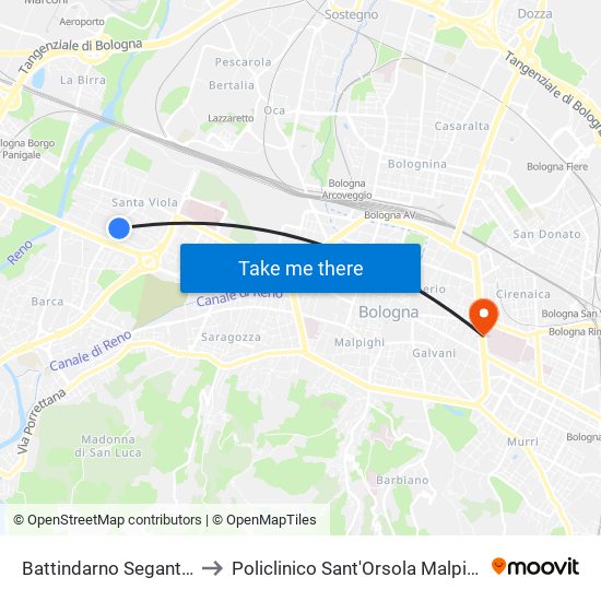 Battindarno Segantini to Policlinico Sant'Orsola Malpighi map