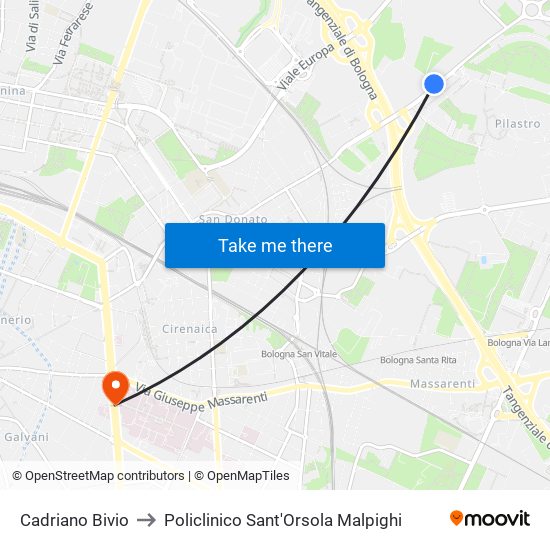 Cadriano Bivio to Policlinico Sant'Orsola Malpighi map