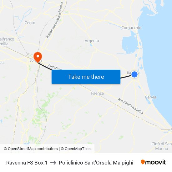 Ravenna FS Box 1 to Policlinico Sant'Orsola Malpighi map