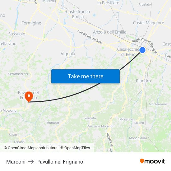Marconi to Pavullo nel Frignano map