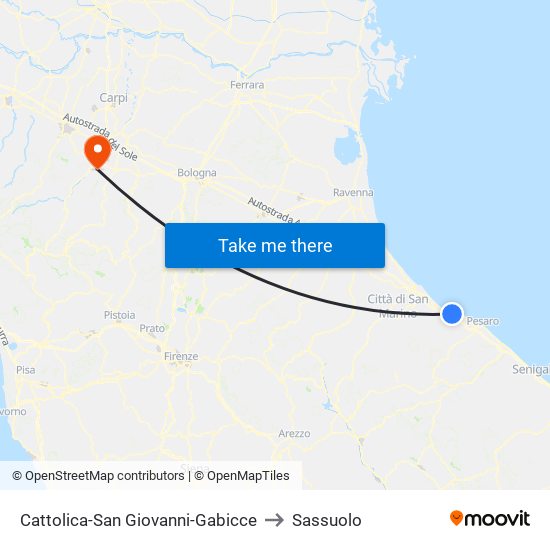 Cattolica-San Giovanni-Gabicce to Sassuolo map