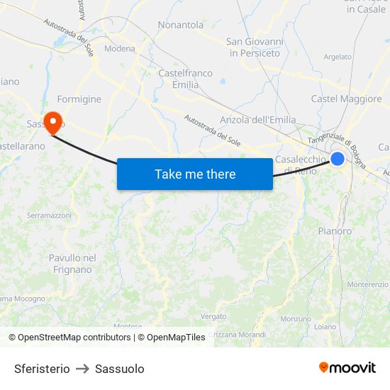 Sferisterio to Sassuolo map
